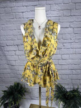 Max Studio Yellow Floral Ruffle Wrap Top M Sleeveless Tie Waist Peplum Blouse